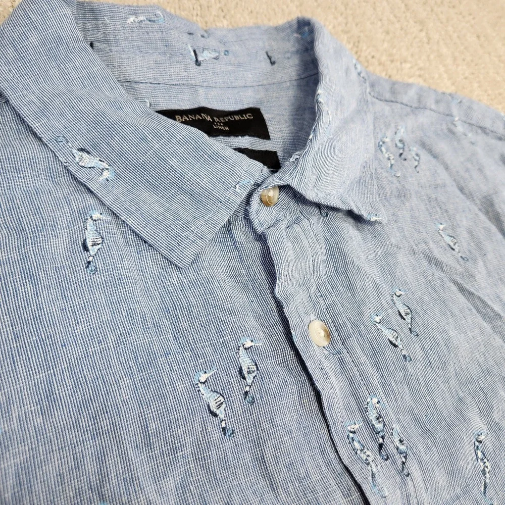 Banana Republic Linen Blend Shirt Men‎ XL Seahorse AOP Chambray Blue Slim Fit
